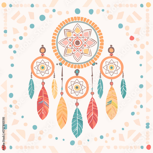 Dreamcatcher With Orange Teal And Red Feathers On White Background