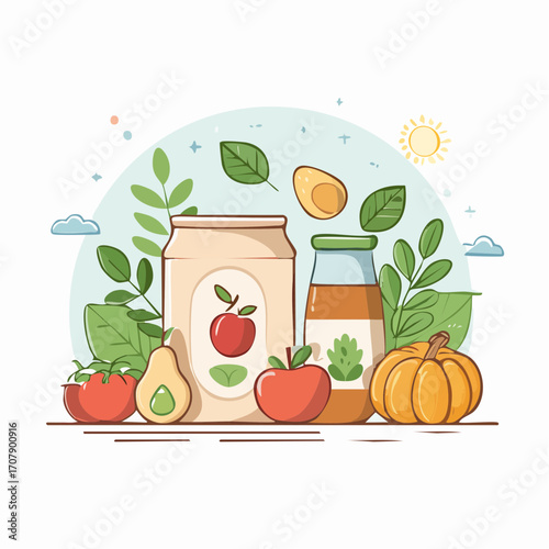 Healthy Organic Food and Drink Products with Fruits and Vegetables