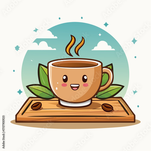 Cute Kawaii Coffee Cup Character on Wooden Tray