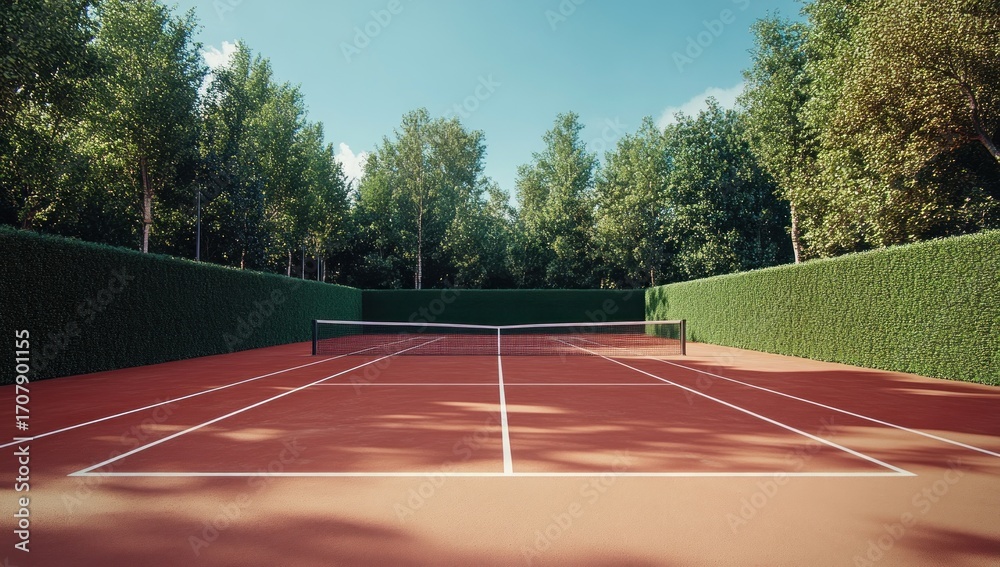 Fototapeta premium Serene Tennis Court Surrounded by Lush Greenery on a Sunny Day