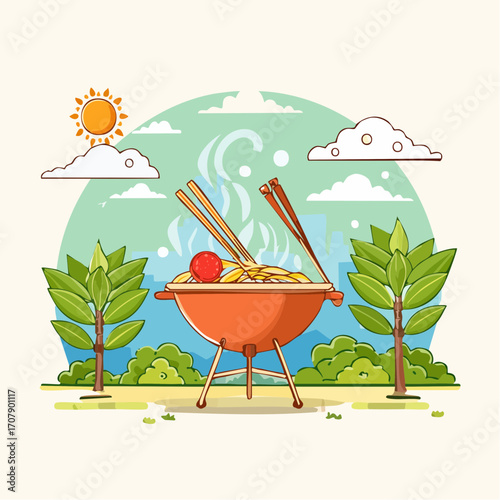 Pixel Art Illustration of Noodles Cooked in a Barbecue Grill on a Sunny Day