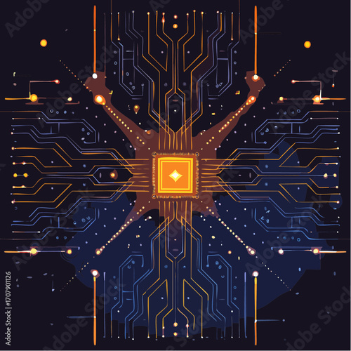 Pixel Art Golden CPU Microchip Circuit Board on Dark Blue Background