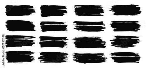 Paint brush. Black ink grunge brush strokes. Vector paintbrush set. Grunge design elements. Painted ink stripes. Creative isolated spots. Ink smudge abstract shape stains and smear set