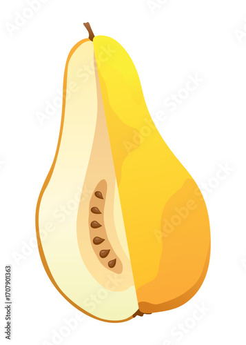 Yellow pear food cut half, piece, part and slice chopped of fruit. Harvest ripe fruit. Popular healthy garden food pear. Vector flat illustration