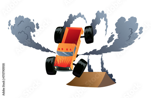Jumping monster truck show. Bright colorful cartoon auto with big wheels. Car with large tires for rally 4x4 computer or mobile game. Vector cartoon illustration