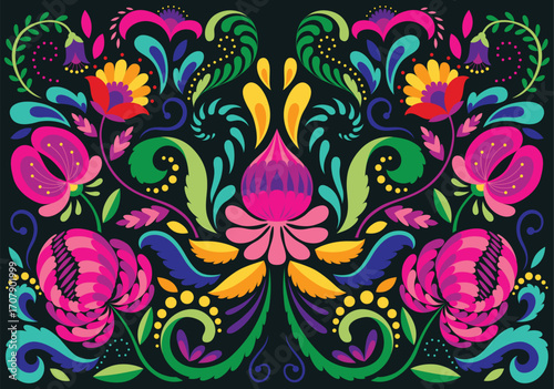 Mexican flower traditional pattern background. Ethnic embroidery decoration ornament. Flower symmetry texture. Ornate folk graphic, wallpaper. Festive mexican floral motif. Vector illustration