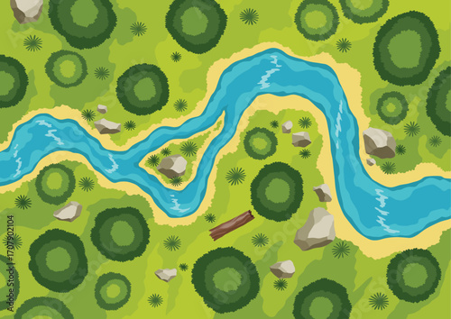 Top view river landscape. Summer beautiful valley, scenic picturesque natural stream. River with trees on shore. Landscape with winding river. Vector illustration