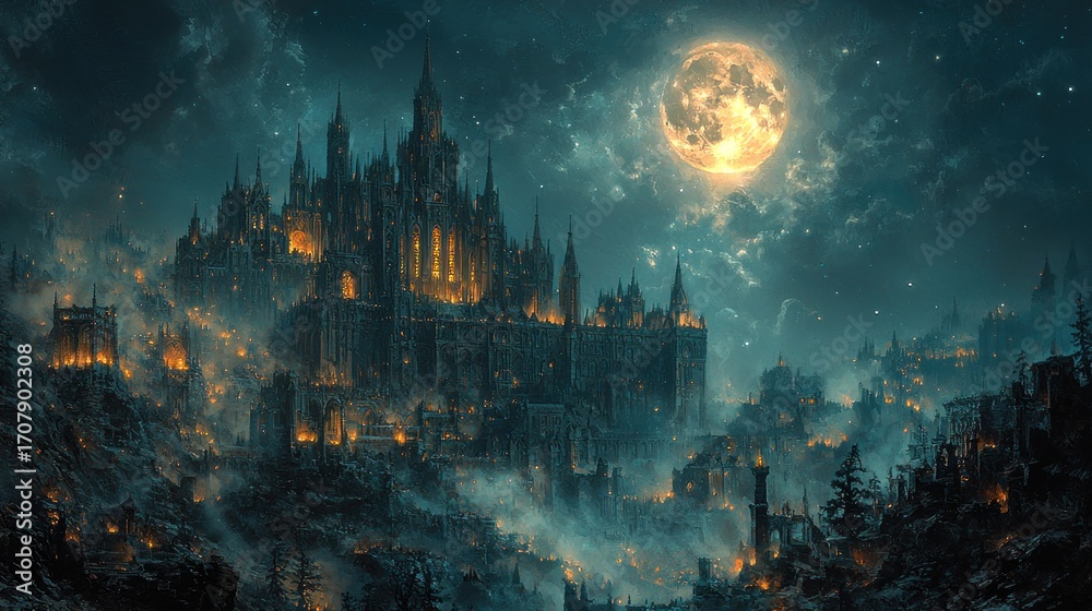 Fototapeta premium Enormous gothic castle illuminated at night under a full moon.