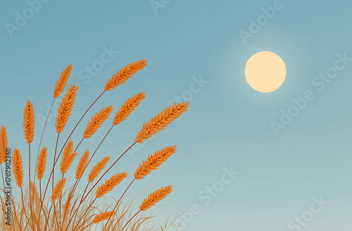 Autumn Harvest Background with Simple Rice Stalk Line Art and Orange Moon