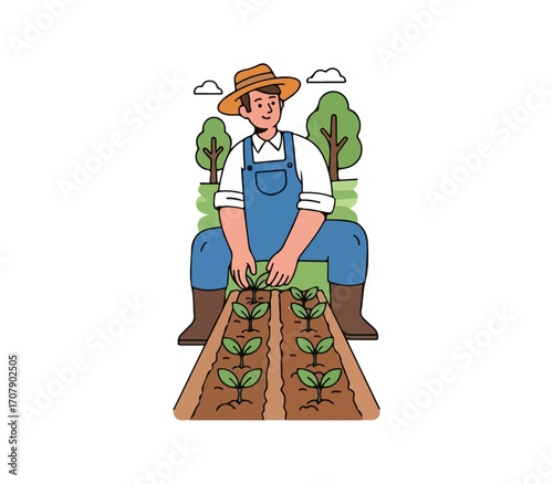 Farmer in overalls and hat tending to crops in a field with trees and hills
