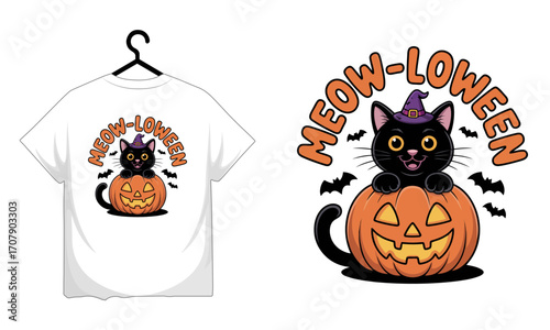 Cute black cat wearing a witch hat sitting on a jack o lantern with bats and text T-shirt