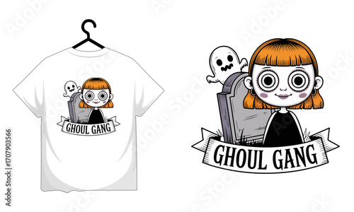 Cute halloween girl with ghost and tombstone on a t shirt design ghoul gang T-shirt