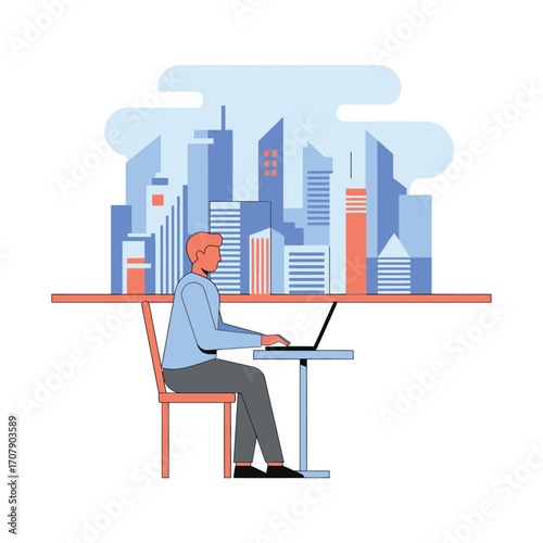 Vector art of a man sits at a table with a laptop in front of a stylized cityscape, working remotely or studying