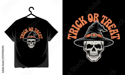 Spooky skull wearing a witch hat with trick or treat text for halloween celebration T-shirt