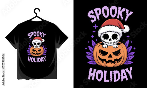 Cute skeleton wearing santa hat sitting on jack o lantern with spooky holiday text T-shirt