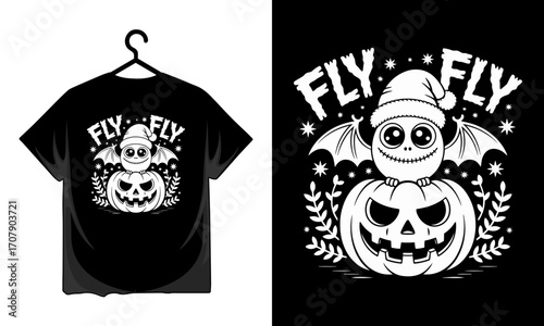 Cute cartoon bat wearing a santa hat sitting on a carved halloween pumpkin with the words fly fly T-shirt