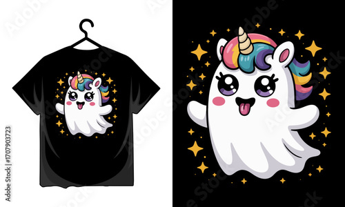 Cute kawaii unicorn ghost character with rainbow mane and sparkly stars on black background T-shirt