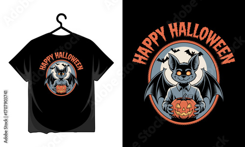 Cute cartoon bat character wearing a shirt holding a carved pumpkin for halloween celebration T-shirt