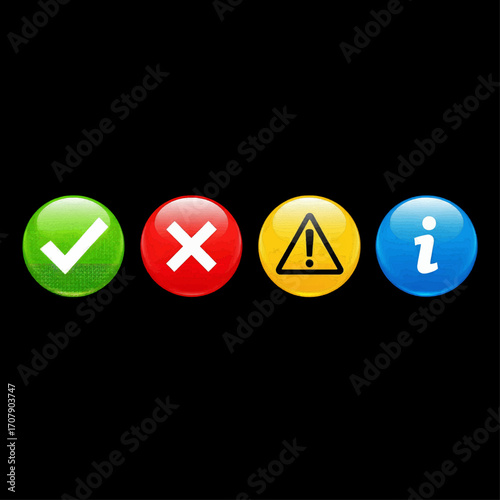 Icons of Communication Tick, Cross, Exclamation, and Information Points on Black