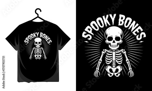 Spooky bones skeleton illustration with retro sunburst and t shirt mockup