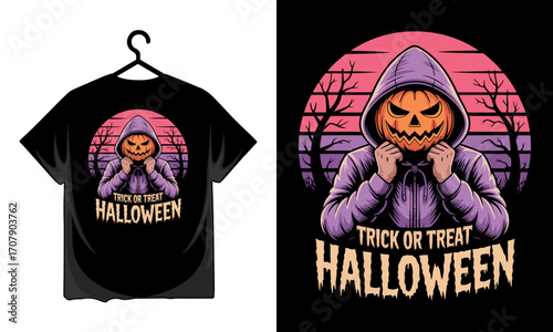 Spooky jack o lantern character wearing a hoodie with trick or treat halloween text T-shirt