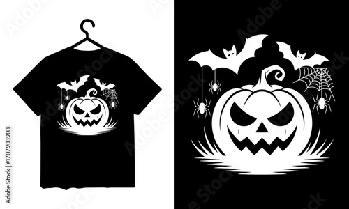 Spooky halloween jack o lantern with bats spiders and cobwebs on black background T-shirt
