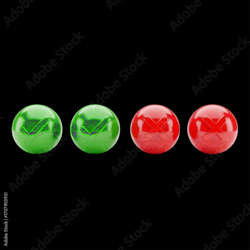 Realistic shiny buttons for selection, decision, and validation, featuring green checkmarks for acceptance and red crosses for denial isolated on black