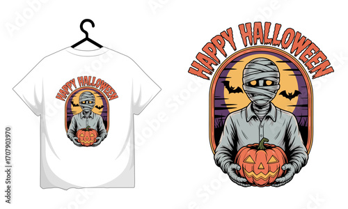 Happy halloween mummy character holding a carved pumpkin with bats flying in the background T-shirt