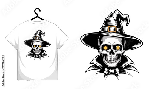 Spooky halloween witch skull wearing a pointed hat and bow tie illustration T-shirt