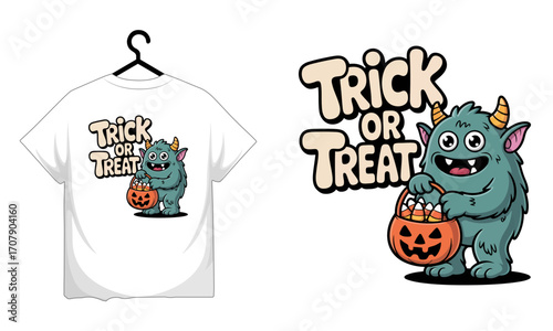 Cute teal monster holding pumpkin candy bucket with trick or treat text for halloween T-shirt