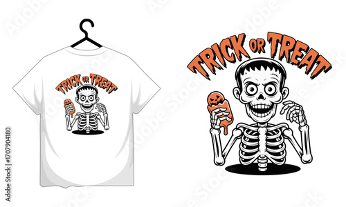 Spooky skeleton character enjoying a pumpkin ice cream treat with trick or treat text T-shirt