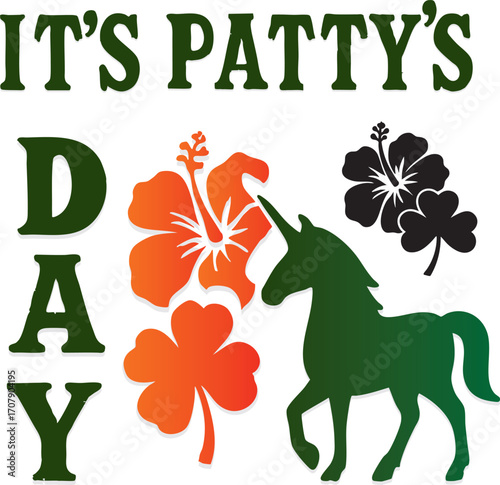 "Patty’s Day Magic Art for PATTY’s Celebration" A whimsical illustration of a unicorn wearing a pale green top hat and a black ribbon with a four-leaf clover. Its mane is a mix of green, pink, and gra