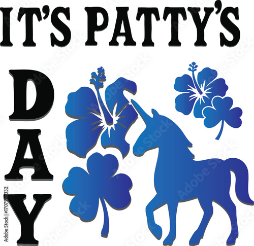 "Patty’s Day Magic Art for PATTY’s Celebration" A whimsical illustration of a unicorn wearing a pale green top hat and a black ribbon with a four-leaf clover. Its mane is a mix of green, pink, and gra