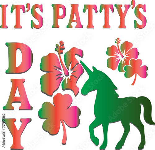 "Patty’s Day Magic Art for PATTY’s Celebration" A whimsical illustration of a unicorn wearing a pale green top hat and a black ribbon with a four-leaf clover. Its mane is a mix of green, pink, and gra
