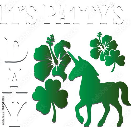 "Patty’s Day Magic Art for PATTY’s Celebration" A whimsical illustration of a unicorn wearing a pale green top hat and a black ribbon with a four-leaf clover. Its mane is a mix of green, pink, and gra