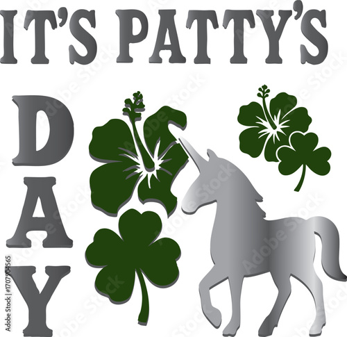 "Patty’s Day Magic Art for PATTY’s Celebration" A whimsical illustration of a unicorn wearing a pale green top hat and a black ribbon with a four-leaf clover. Its mane is a mix of green, pink, and gra