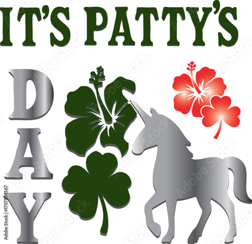 "Patty’s Day Magic Art for PATTY’s Celebration" A whimsical illustration of a unicorn wearing a pale green top hat and a black ribbon with a four-leaf clover. Its mane is a mix of green, pink, and gra