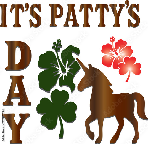 "Patty’s Day Magic Art for PATTY’s Celebration" A whimsical illustration of a unicorn wearing a pale green top hat and a black ribbon with a four-leaf clover. Its mane is a mix of green, pink, and gra