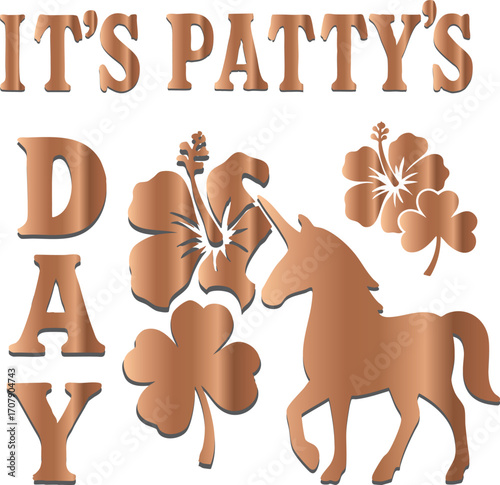"Patty’s Day Magic Art for PATTY’s Celebration" A whimsical illustration of a unicorn wearing a pale green top hat and a black ribbon with a four-leaf clover. Its mane is a mix of green, pink, and gra