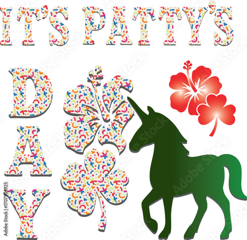 "Patty’s Day Magic Art for PATTY’s Celebration" A whimsical illustration of a unicorn wearing a pale green top hat and a black ribbon with a four-leaf clover. Its mane is a mix of green, pink, and gra