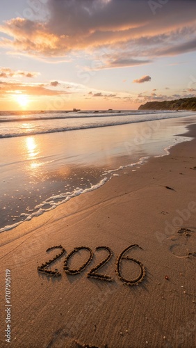 Sandy beach etched with 2026 at sunrise, a perfect moment capturing the dawn of a new year