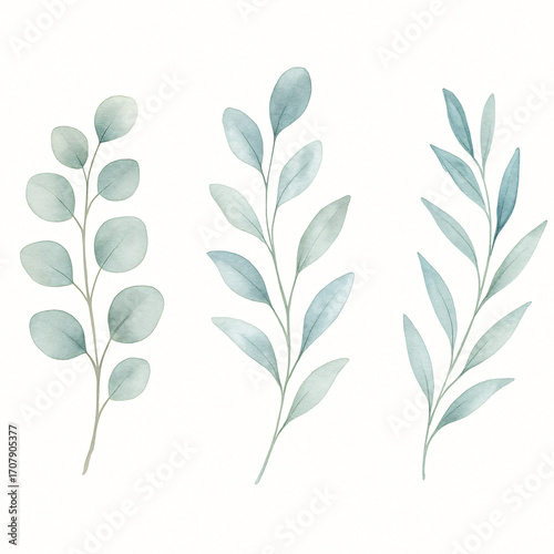 A minimalist watercolor illustration of three eucalyptus leaf branches in soft green and blue tones. The delicate hand-painted style gives it a calming, natural aesthetic, perfect for botanical art