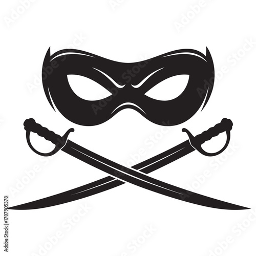 Black silhouette bandit eye mask and crossed swords isolated on white background