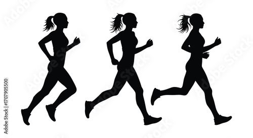 three women running silhouettes in motion side by side