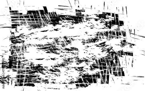 This abstract image features chaotic black and white brush strokes combined with distressed scratch textures, creating a bold grunge aesthetic.