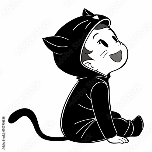 Vector art of cute baby in a black cat costume sitting