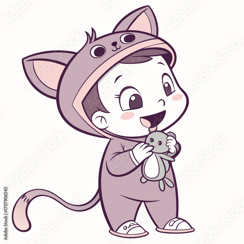 Vector art of happy baby in cat costume holding toy