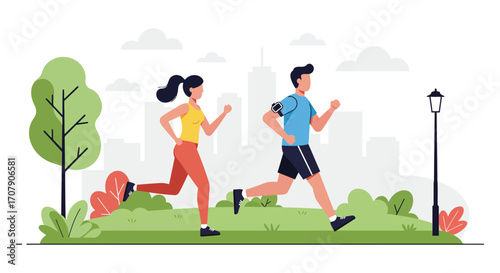 a couple jogging together in a vibrant city park