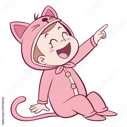 Vector art of smiling baby in a cat costume sitting