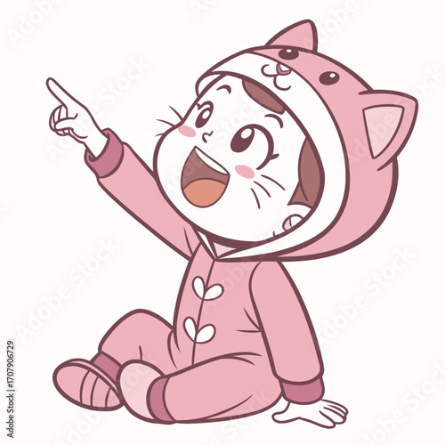 Vector art of cute little girl in pink cat costume pointing